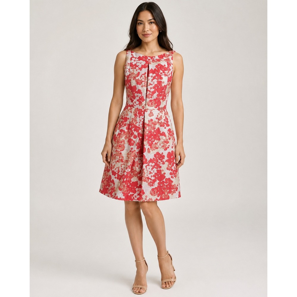 Tahari Arthur S Levine Dress Size 6 Coral Gold Floral Jacquard Pleated